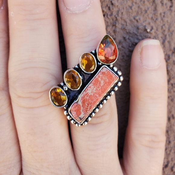 New Sea Sediment, Citrine, Tourmaline 925 Silver Ring. - Picture 4 of 16